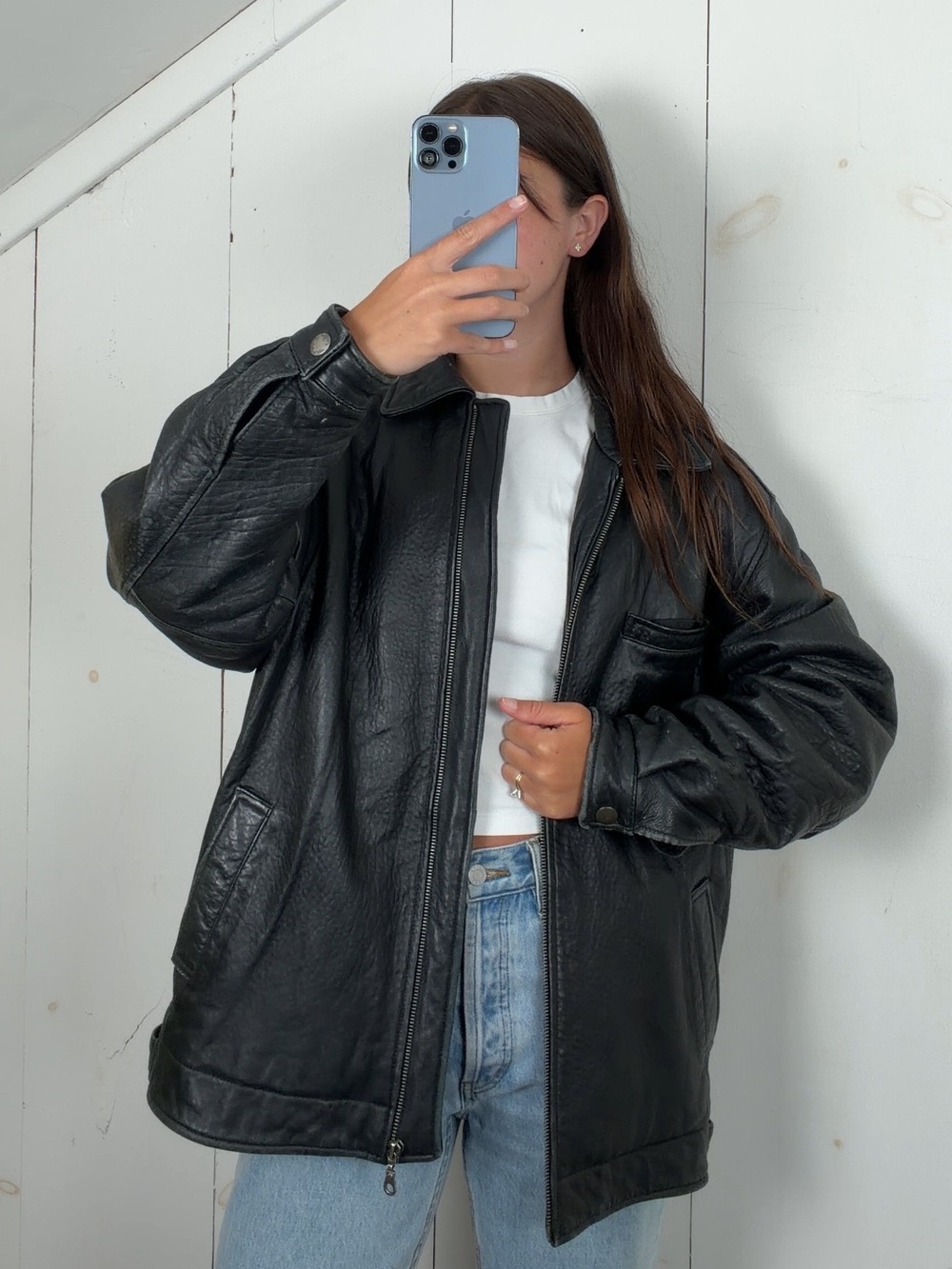 Vintage Black Genuine Leather Moto Bomber Jacket Mens Small Zip Up Oversized 90s